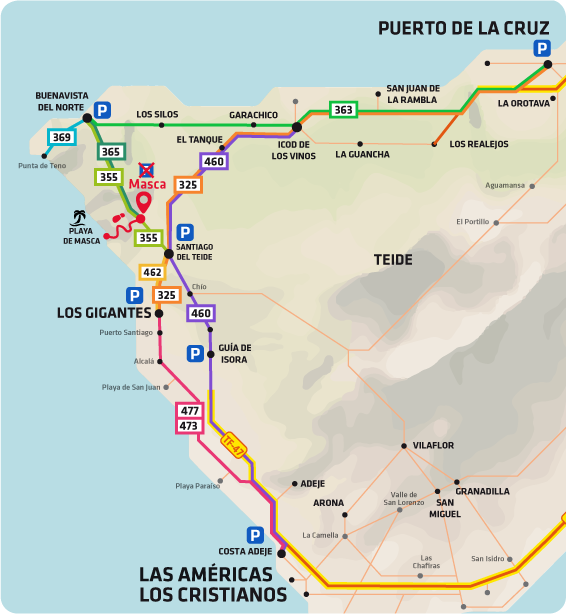 Detaillierte Karte der Anfahrtswege zum Wanderweg von Masca